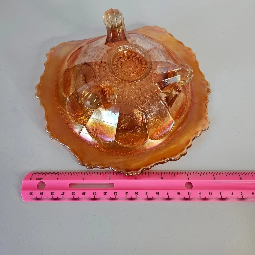 Orange Carnival Glass Footed Bowl Sunburst Horsehead Ruffled Antique Vintage‎